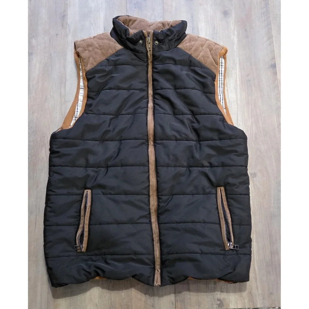 Calliar Black & Brown Puffer Vest Full Zip With Plaid Lining Men XL